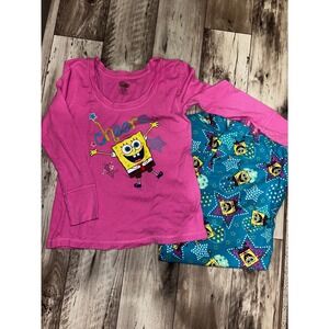 SpongeBob SquarePants Pajama Set Pink Blue Cotton Long Sleeve XL Womens PJs